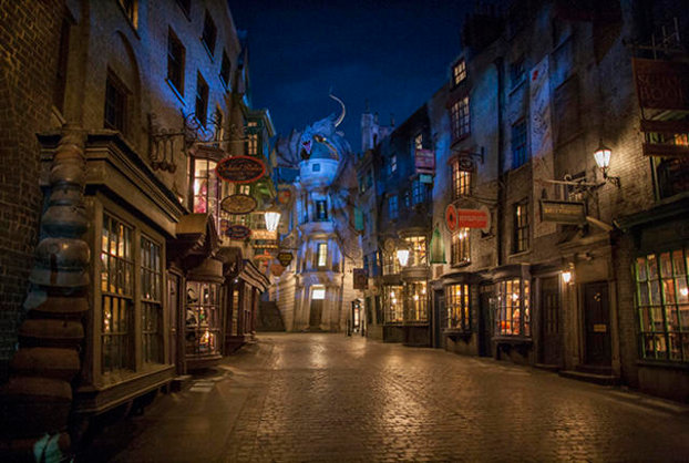 ORLANDO, FL - JUNE 18: In this handout photo provided by Universal Orlando Resort and taken June 13, 2014, today June 18, Universal Orlando announced that The Wizarding World of Harry Potter’s Diagon Alley will officially open on July 8, allowing guests to experience even more of Harry Potter’s adventures in an all-new, magnificently-themed environment. Located in the Universal Studios Florida theme park, The Wizarding World of Harry Potter - Diagon Alley will feature shops, dining experiences and the next generation thrill ride, Harry Potter and the Escape from Gringotts. The new immersive area will double the size of the sweeping land already found at Universal’s Islands of Adventure, expanding the spectacularly themed environment across both Universal theme parks and guests can journey between both lands aboard the Hogwarts Express. For additional information, visit www.UniversalOrlando.com/WizardingWorld. (Photo by Ken Kinzie/Universal Orlando Resort via Getty Images)